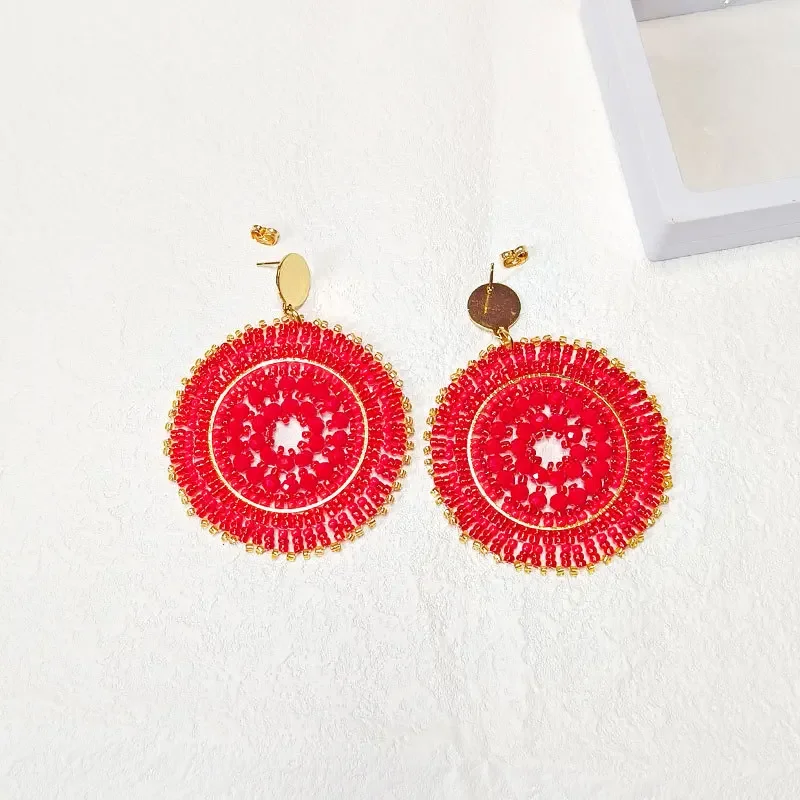 Beaded earrings Crystal Roundness Red Hollow out Fashion Hand knitting Bohemia Alloy Simple Individuality Rice bead earrings