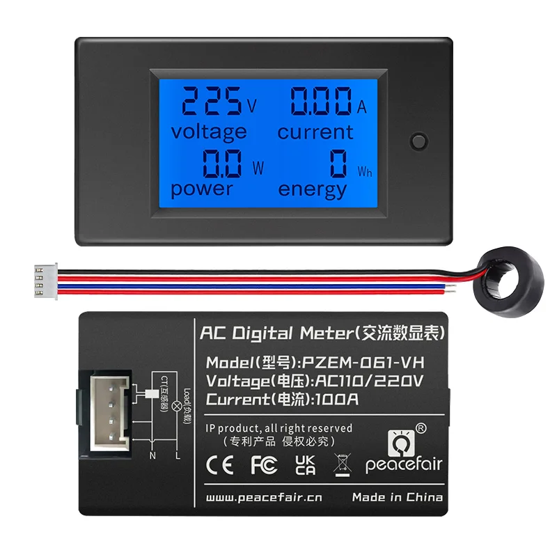 Peacefair PZEM-061-VH New AC Single Phase Digital LCD Power Meter Ammeter Voltmeter 80-260V 100A 4IN1 Electric Kwh Energy Meter