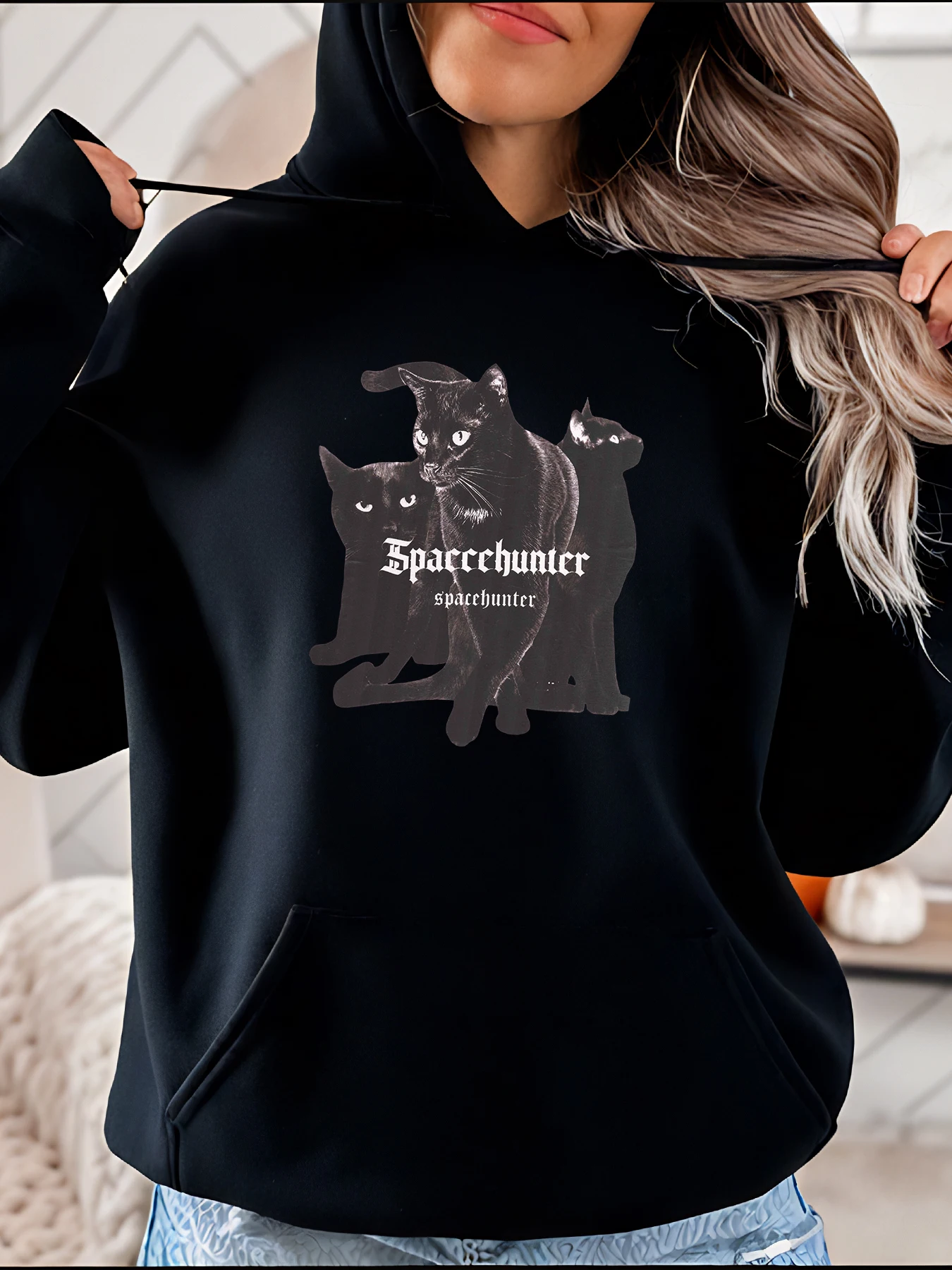 

Толстовка с принтом кота Spacehunter, черная повседневная уличная одежда, женская мода 280