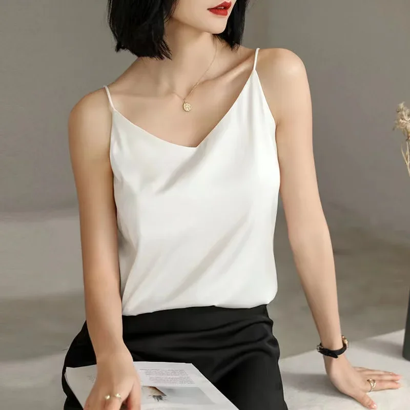 Fashion Strap Top Women Halter V Neck Basic White Cami Sleeveless Satin Silk Tank Tops Women\'S Summer Camisole