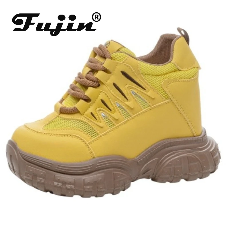 

Fujin 12 см женские летние сандалии с воздушной сеткой, массивные кроссовки из микрофибры, туфли-лодочки на танкетке, вулканизированные полые шлепанцы