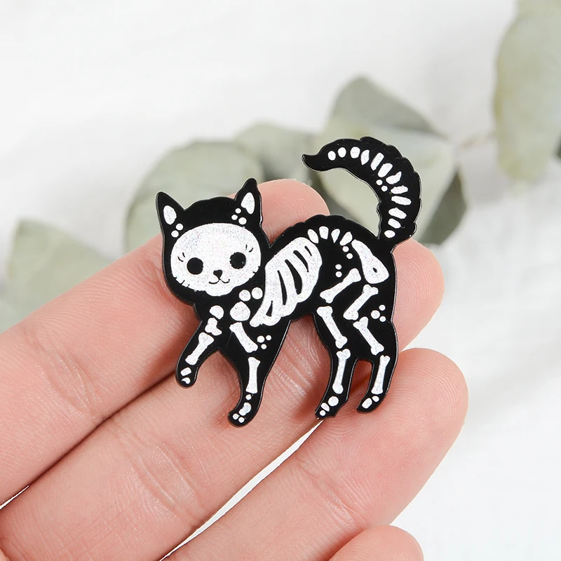 Cat Skeleton Enamel Pin Punk Glitter Dark Cat Badge Brooch Bag Clothes Lapel pin Funny Animal Jewelry Gift for Friends