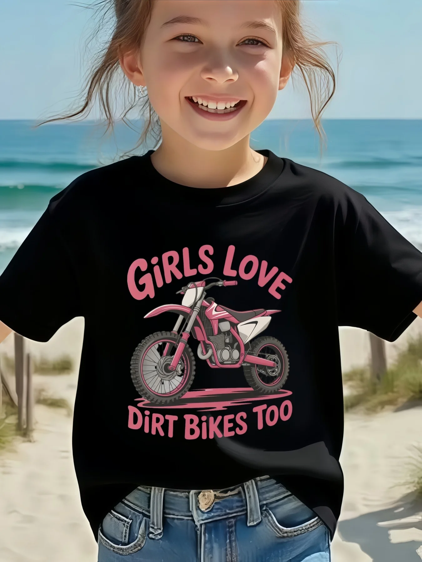 Pink Dirt Bike Motocross Slogan Graphic T Shirt Boys Girls Racing Lover Short Sleeve Tee Family Matching Kids Casual Cotton Tops