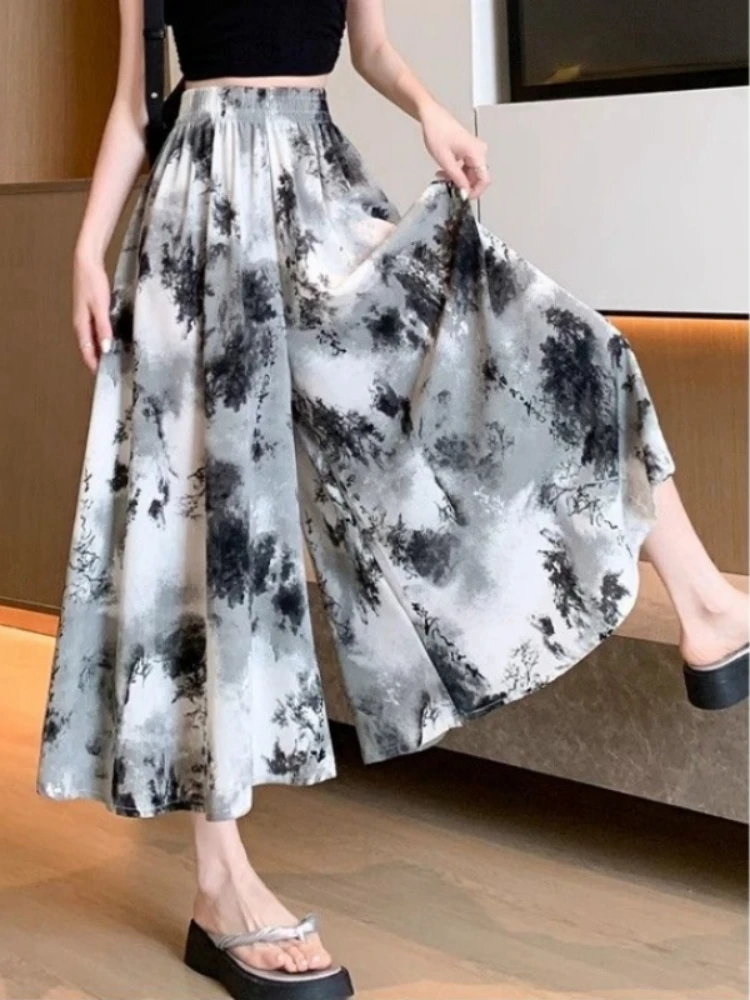 

Retro Chinese Style Watercolor Print Chiffon Halter Neck Dress Women's plus Size Summer Casual Wide Leg Pants