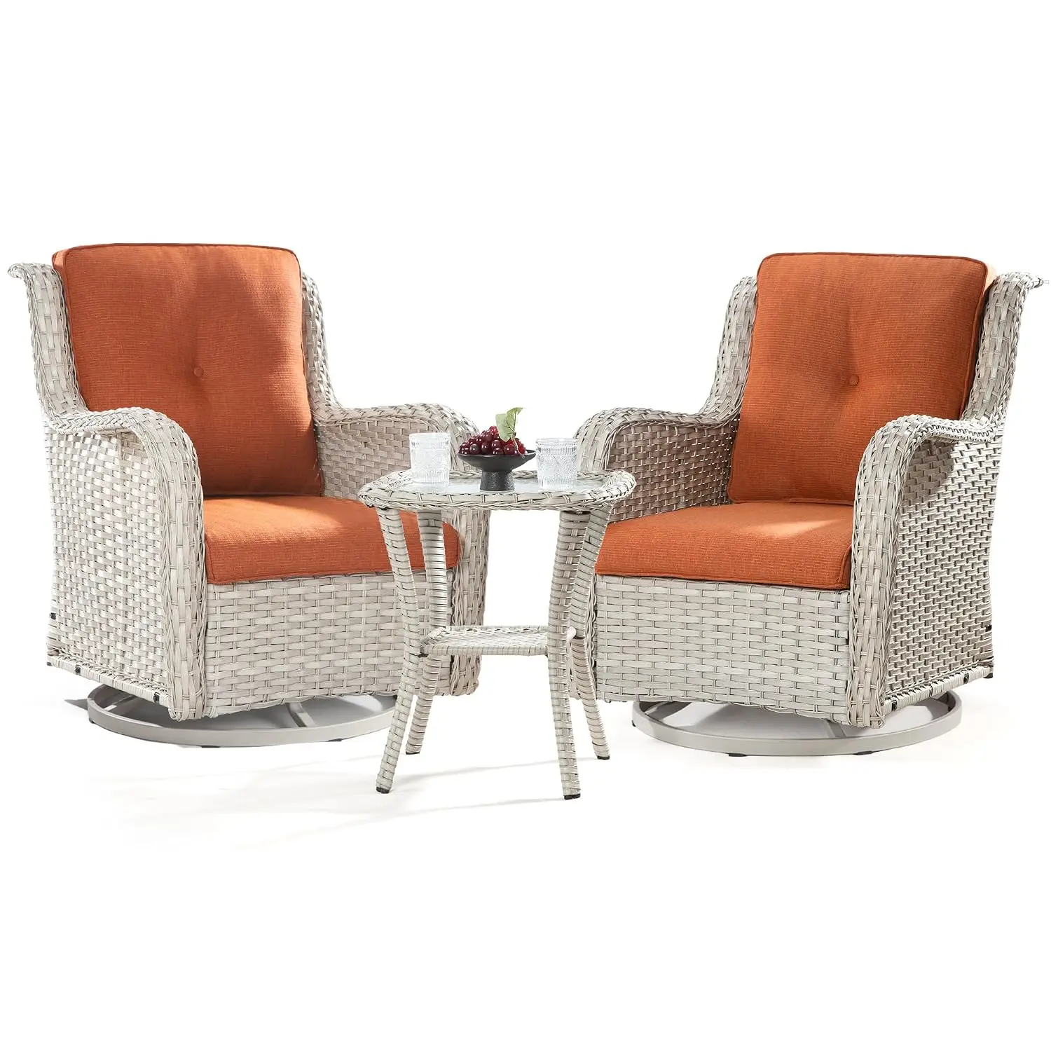 Outdoor Swivel Rocker Patio Chair Set 3 Piece Wicker Bistro Set with Soft Cushion Light Grey Orange, Customized