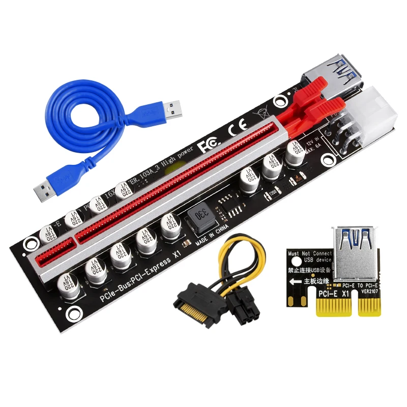 PCIE Riser for Video Card VER103A-3 Riser PCI Express X16 High Power 12 Capacitor SATA to 6Pin Cable USB3.0 Cable for BTC Mining