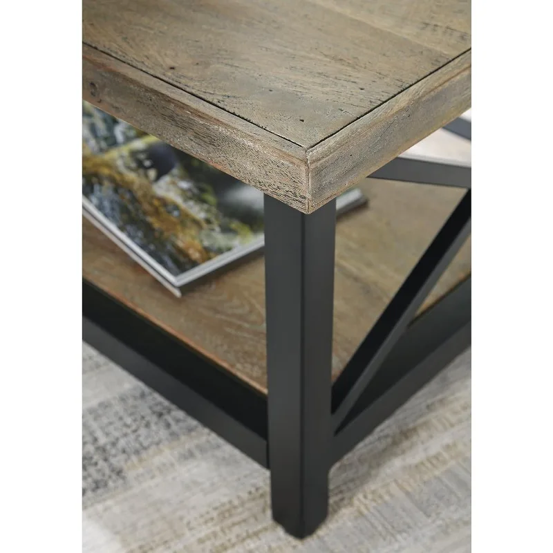 Coffee Table, Made with Mango Wood and Metal Tabletop and Open Lower Shelf Have A Light Brown Wood-tone Finish