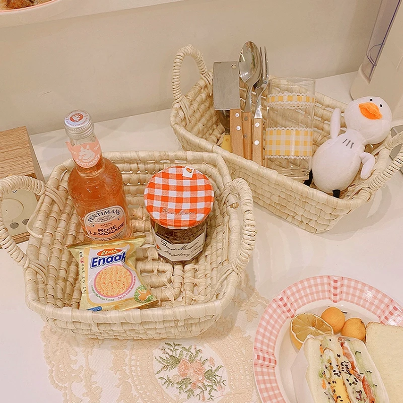 Ins Straw-woven Storage Basket Simple Snack Fruit Storage Basket Desktop Sundries Organizer Cosmetic Organizer Toys Container