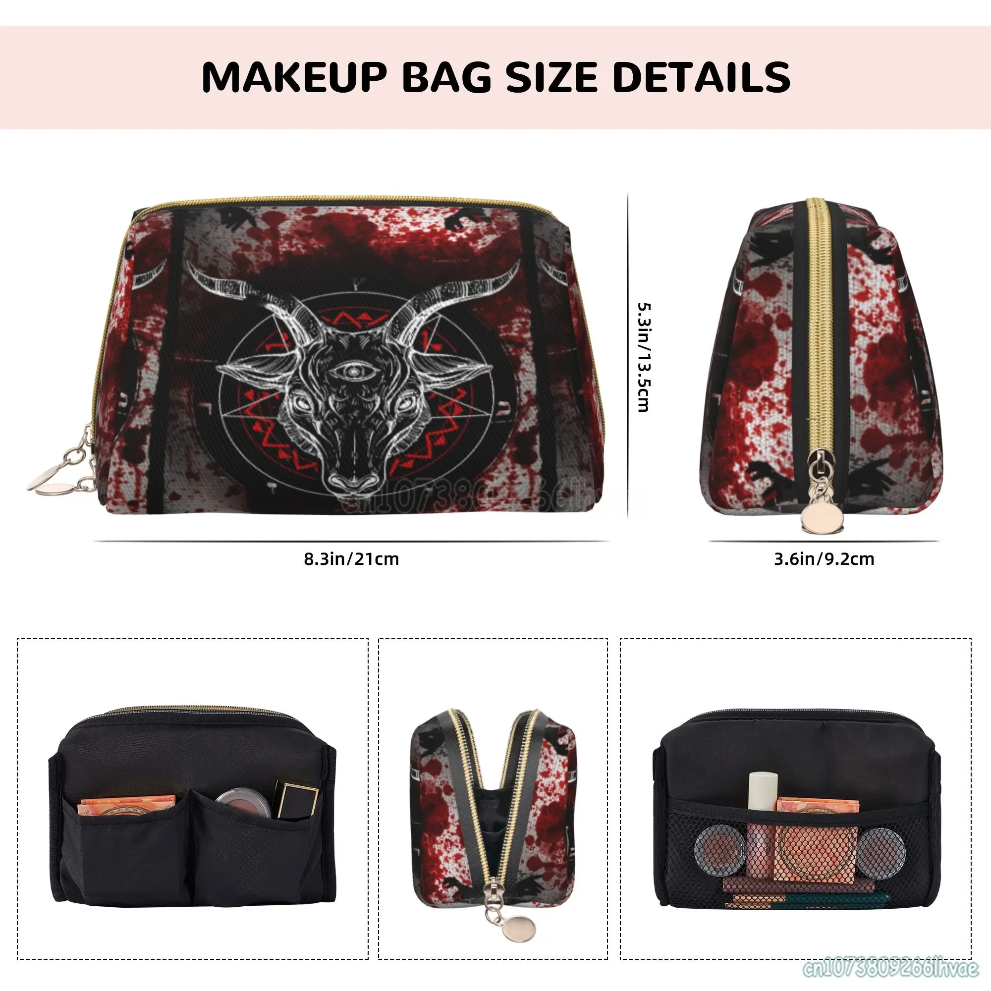 Pentagrama com Demônio Baphomet para mulheres, saco cosmético de cabeça de cabra satânica, grande bolsa casual com zíper, bolsa de maquiagem impermeável