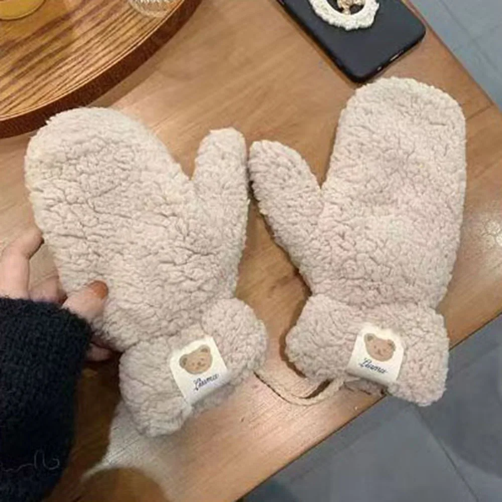 1Pair Winter Thickened Warm Full Finger Gloves For Girls Outdoor Windproof Coldproof Velvet Hanging Neck Gloves Cute Bear Mitten