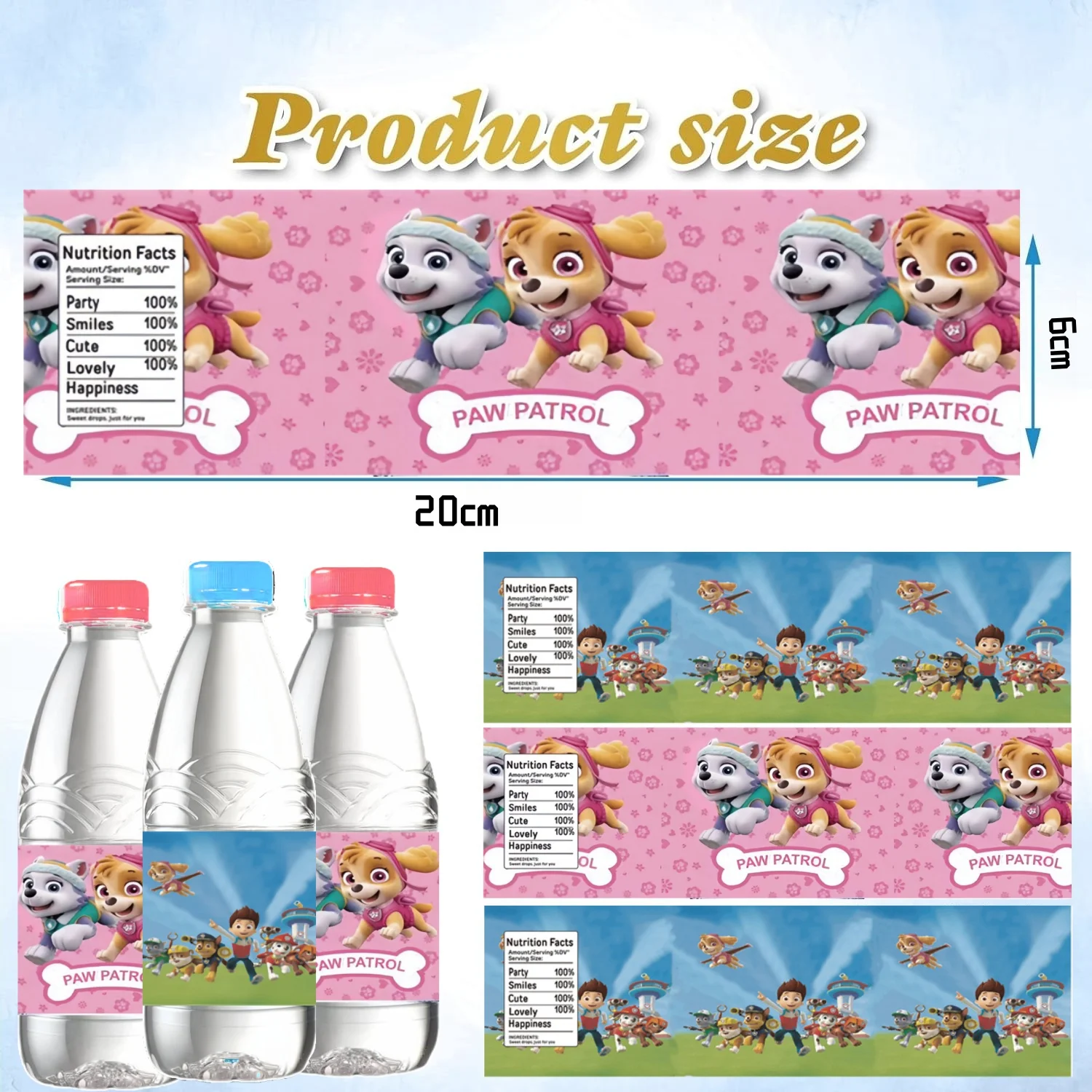 10/20/30PCS Paw Patrol Water Bottle Label Birthday Decoration Dog Waterproof Sticker Kids Girls Boys Party Supplies Gifts Toys