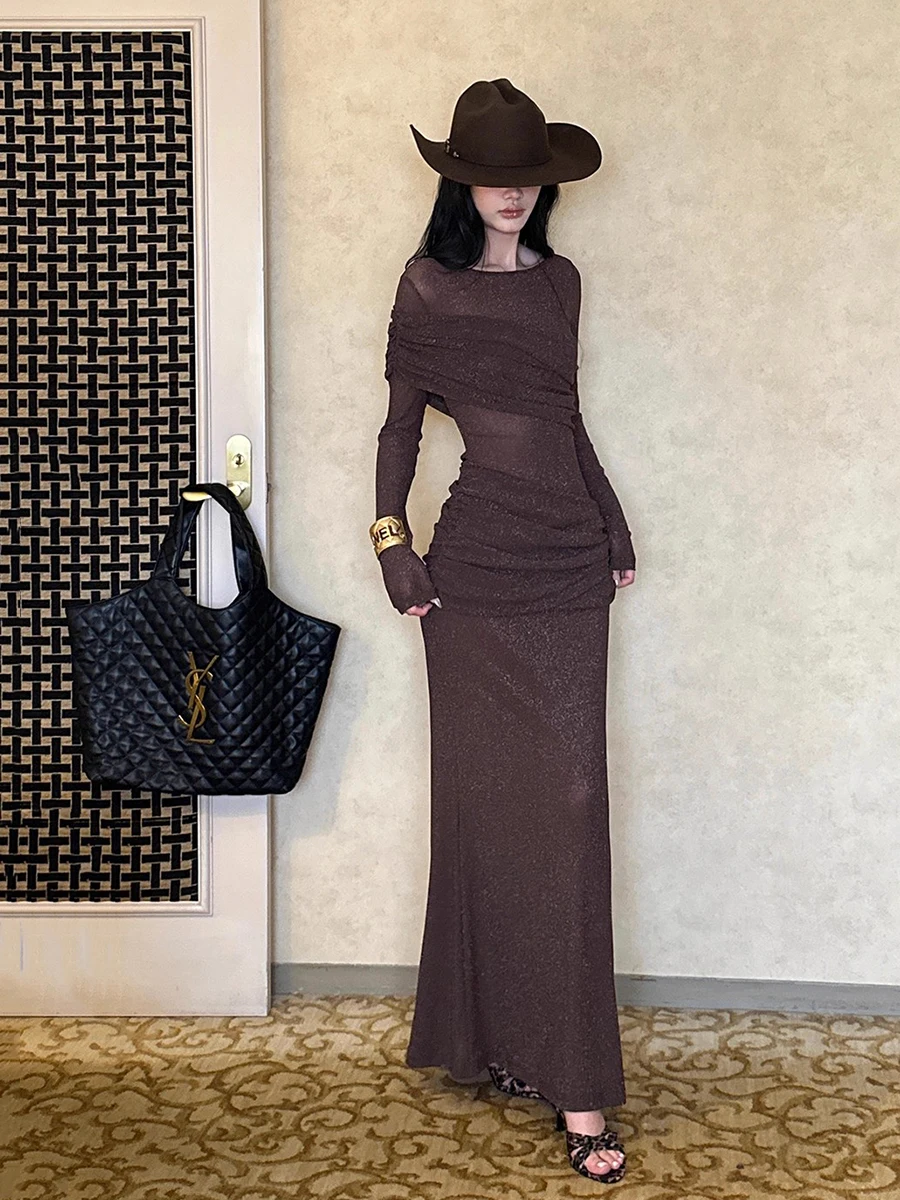 ReddaChic Abito da festa scintillante in maglia per donna Abito da sera aderente a sirena semi-trasparente con scollo a barca e maniche lunghe