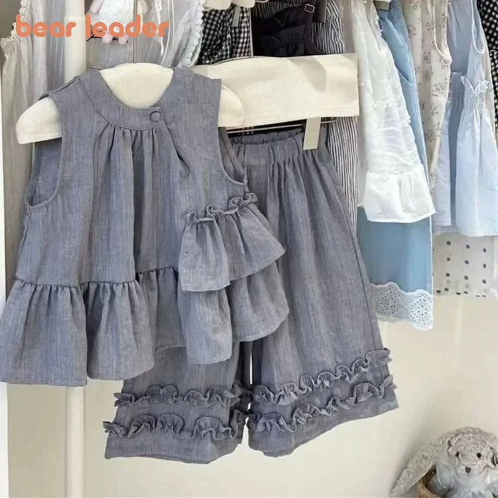 Bär Führer Koreanische Version Grau Mädchen Kleidung Sommer Mode Kinder Kleidung Ärmelloses Gefaltetes Top + Hosen Einfarbig 2-stück Set