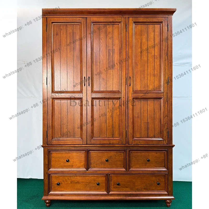 White Chinese wood American all-solid wood wardrobe retro three-door large-capacity storage locker