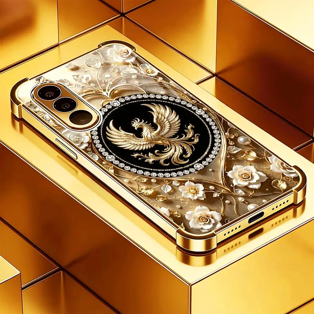 Gilded phoenix & floral inlay TPU HD glass phone case for Samsung Galaxy S26 S25 S24 S23 S22FE,Ultra,Plus Super-strong protectio