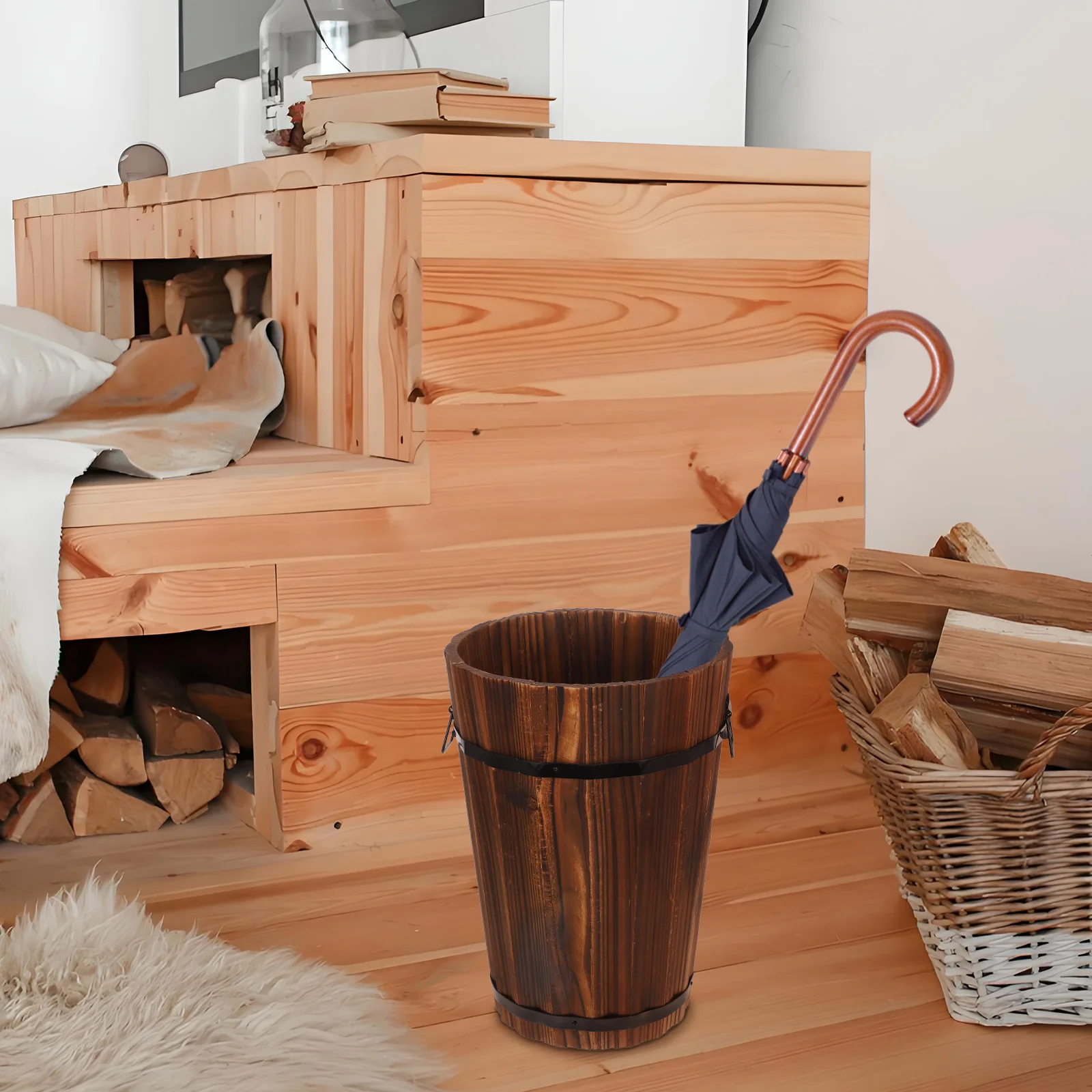 

Wood Umbrella Bucket Rainproof Storage Holder Sturdy Space-Saving Stand For Entryway Home Office Classroom Use