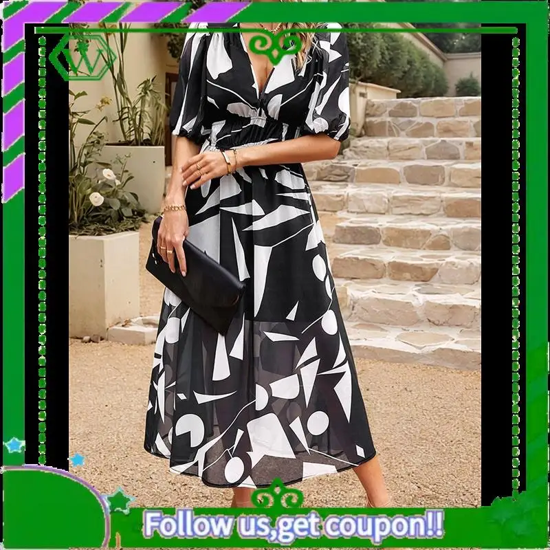 A18P-Damskie letnie sukienki 2025 Casual Puff Short Sleeve V Neck Floral Boho Maxi Dress