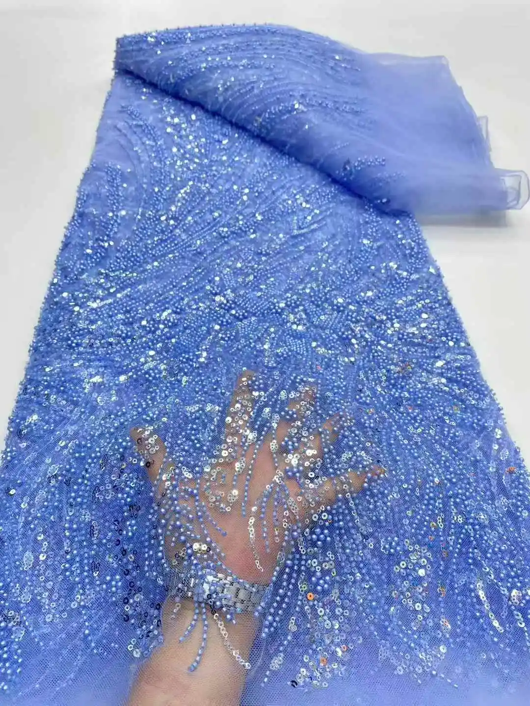 French Beaded Sequins Lace Fabric High Quality 5 Yard Mesh Tulle African Lace Fabric Nigerian Wedding Dress for Women-DP