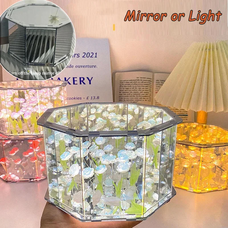 

Handmade Rose Mirror Small Night Light Creative Night Gifts DIY Day Mother's Day Rose Light Valentine's Octagon