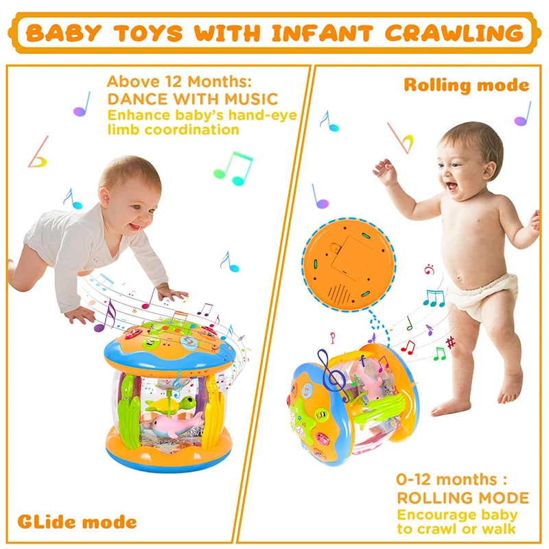 Baby 4 in 1 Tummy Time Crawling Toy Early Learning Sea Animals Sensory Toy Light Up Musical Projector for Infant Toddler Gifts