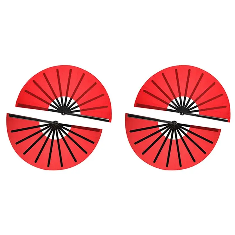 A01F-4 Pieces Large Folding Fan Nylon Cloth Handheld Folding Fan Chinese Kung Fu Tai Chi Fan Decoration Fold Hand Fan(Red)