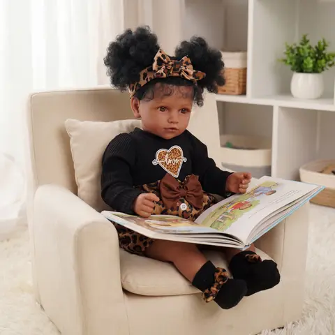 BABESIDE 20 Inch Reborn Baby Doll Black Craft Doll, Hand-Planted Curly Hair, 3D-Painted Skin, Realistic Baby Size Doll, Posable Figure, Weighted Design, Soft Touch Vinyl Baby Doll with Outfits And Gift Set, for Art Collection, Role Play, Gifts