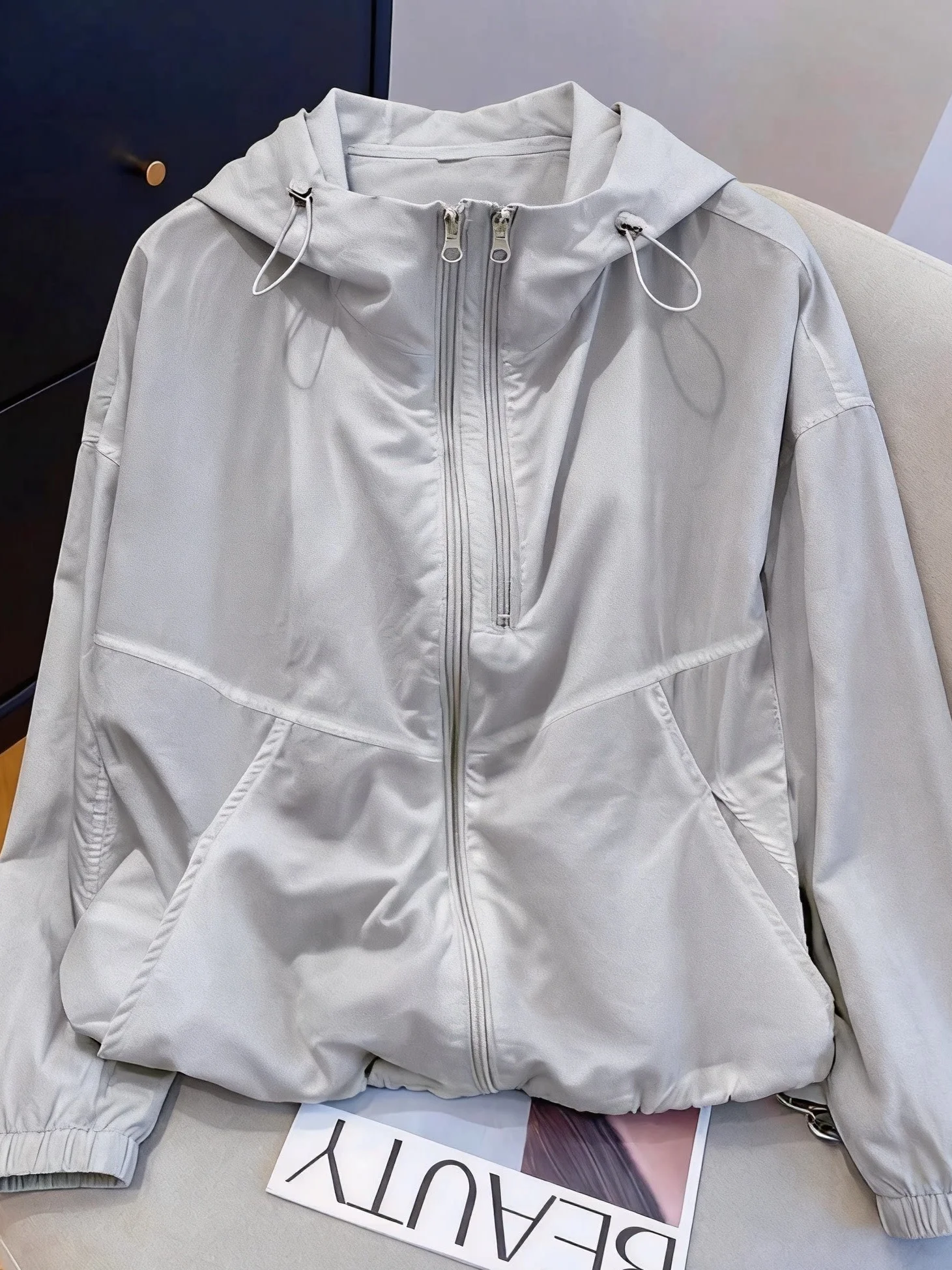 Mint Green Double Zipper Hooded Women's Lightweight Breathable Loose Casual Short Outerwear Fashionable Commute Style Sun Pro...
