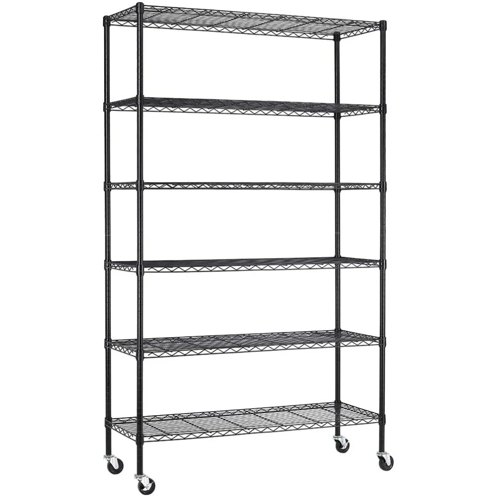 Wheels Steel 6 Tier Heavy Duty Layer Rack Storage Metal Shelf Garage Organizer Wire Rack Shelving-18x48x82 inch (Black)