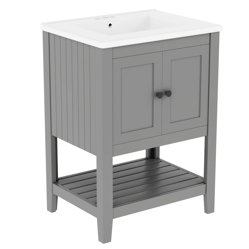 

24 Inch Bathroom Vanity with Ceramic Sink Grey Modern Wood Frame Bathroom Cabinet Vanity with Open Bottom Shelf Storage Elegant