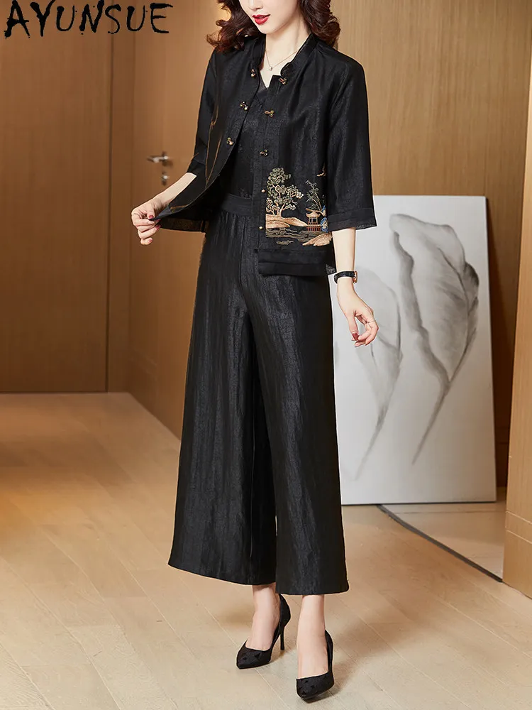 AYUNSUE 100% Mulberry Silk Coat Women Xiangyunsha Embroidered Autumn Clothing Frog Button Tops for Women 2026 Casaco Feminino