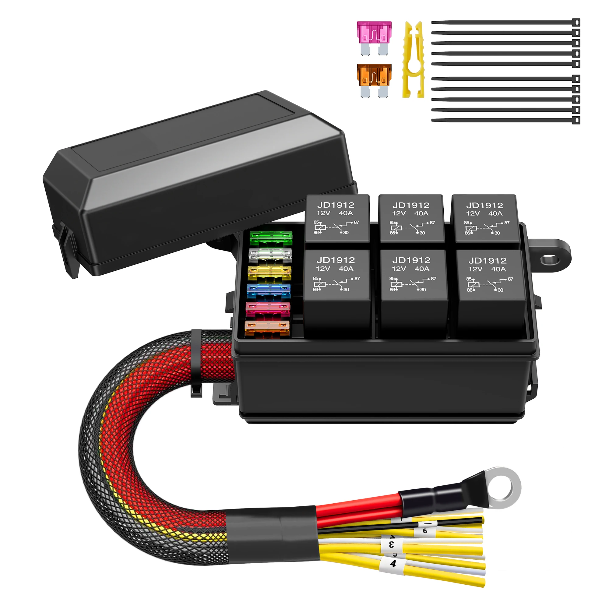 12V Relay Box 6 Way  Waterproof Relay Box 6 Slot and 8 ATC/ATO Fuses Relay Panel 4-Pin Box Block Kit for Automotive Car Marine