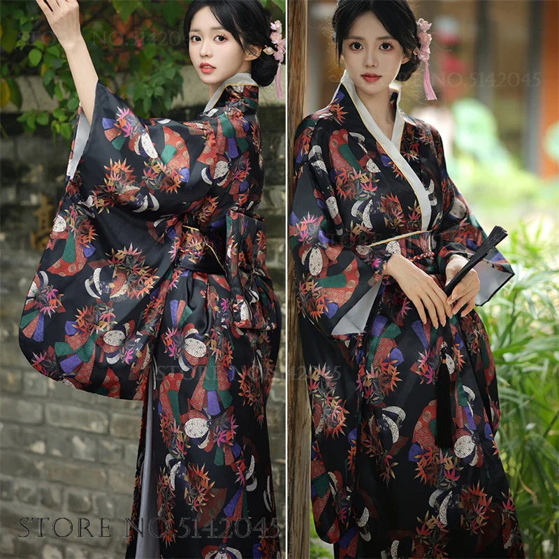 

Vintage Print Floral Japanese Kimono Gown Women Traditional Yukata Bathrobe Belt Geisha Cosplay Costume Stage Performance Suit