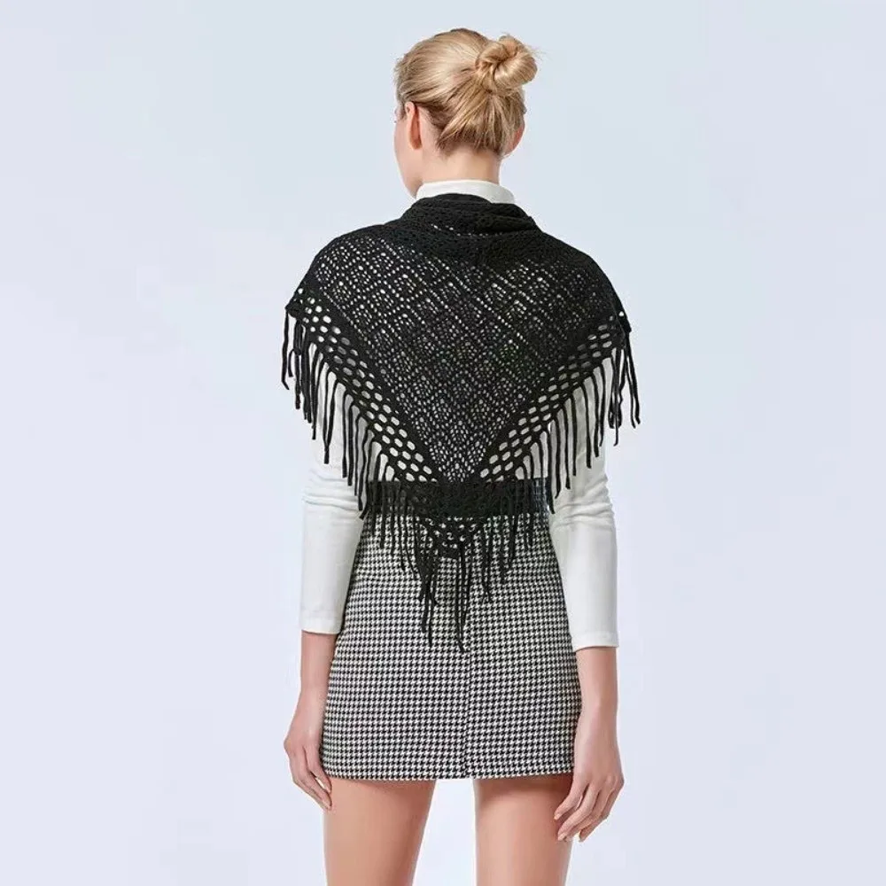 

Повседневные вязаные шали в стиле ретро, однотонные универсальные полые шарфы, дышащие мягкие шали с кисточками для женщин