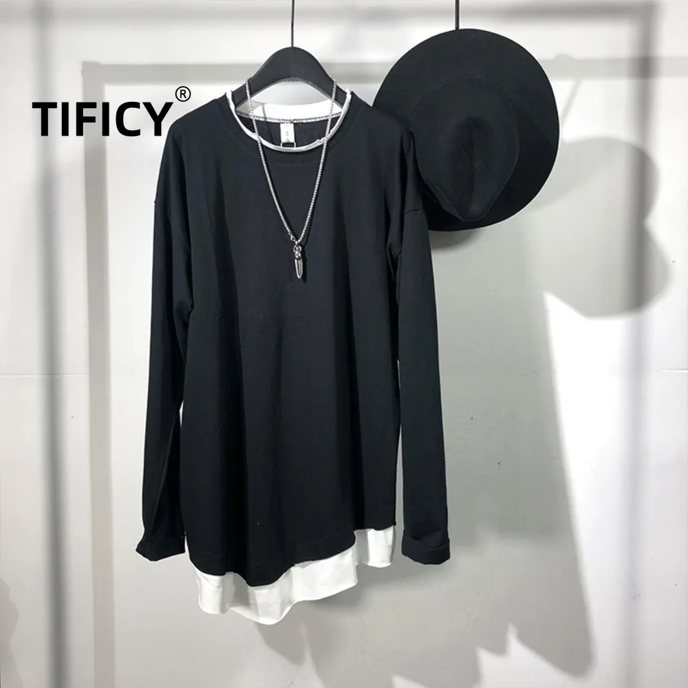 

High Street Tees T-shirts Men's Spring and Autumn New Simple Long Black and White Splicing Tshirt Street Loose Round Neck Top
