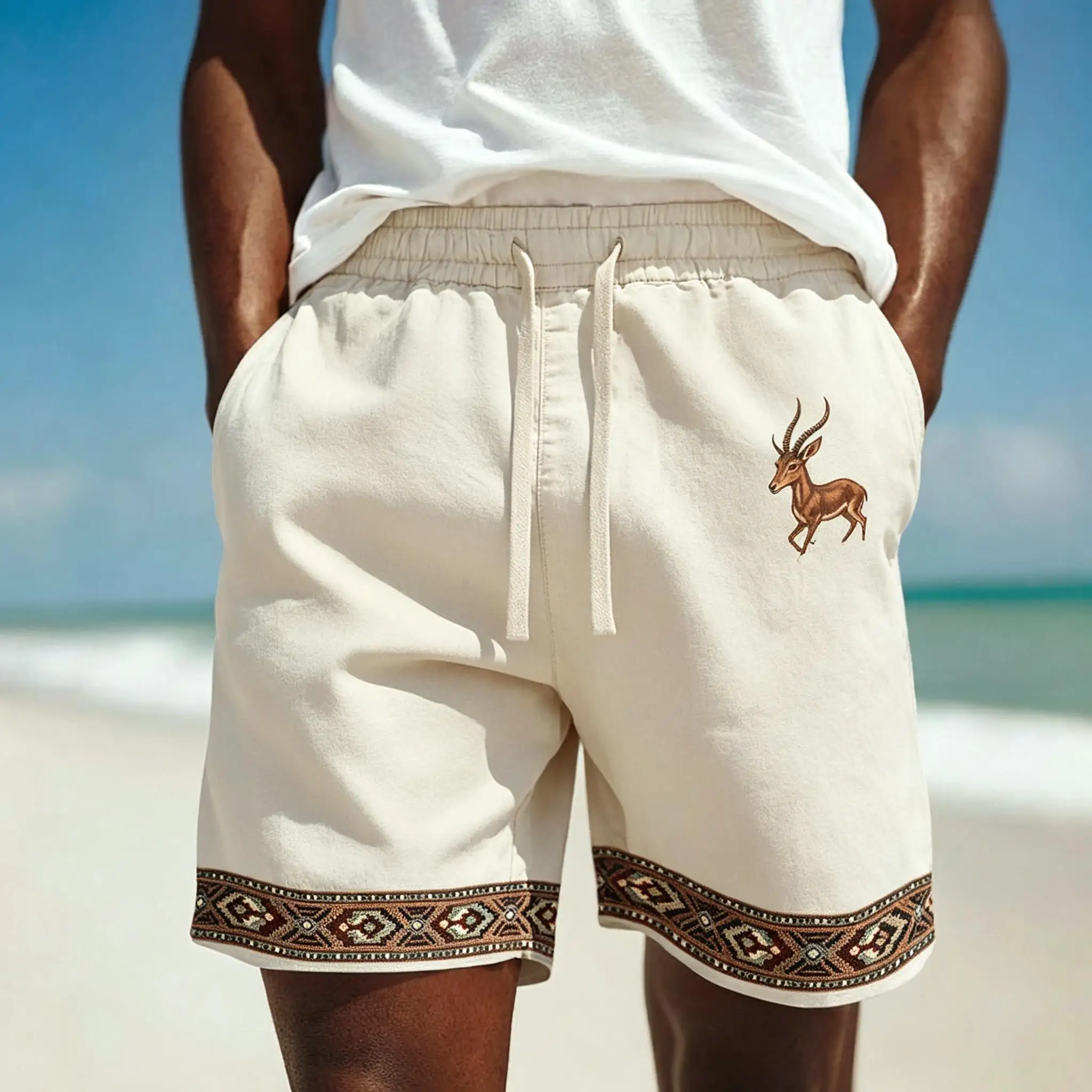 

Men's Drawstring Waist Gazelle Print Casual Shorts, Ethnic Trim Bottoms For Spring Summer Daily Beach Vacation Wear