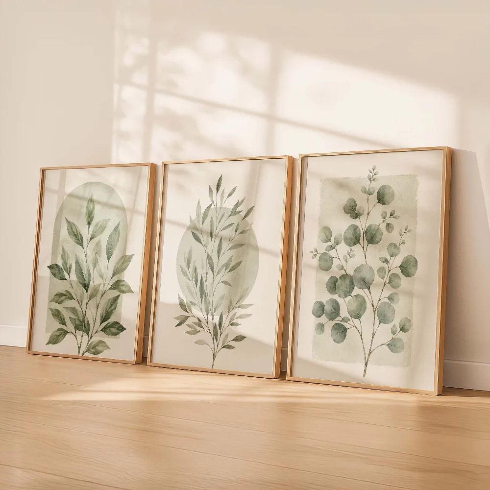 Frameless,Sage Green Plant Art,Green Leaf Neutral Green Wall,Japanese Natural Art,Simple Plant Poster,Living Room Home Decor