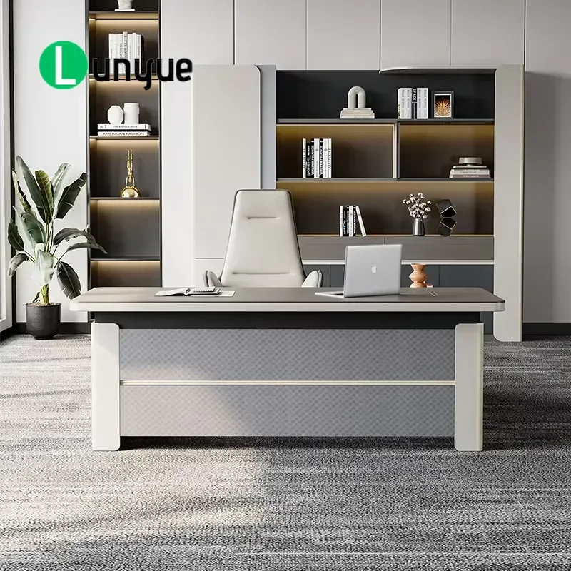 Modern L-Shaped Executive Desk with Turret Geometric Panel Gold Trim for Manager Supervisor Office Furniture Stylish Design