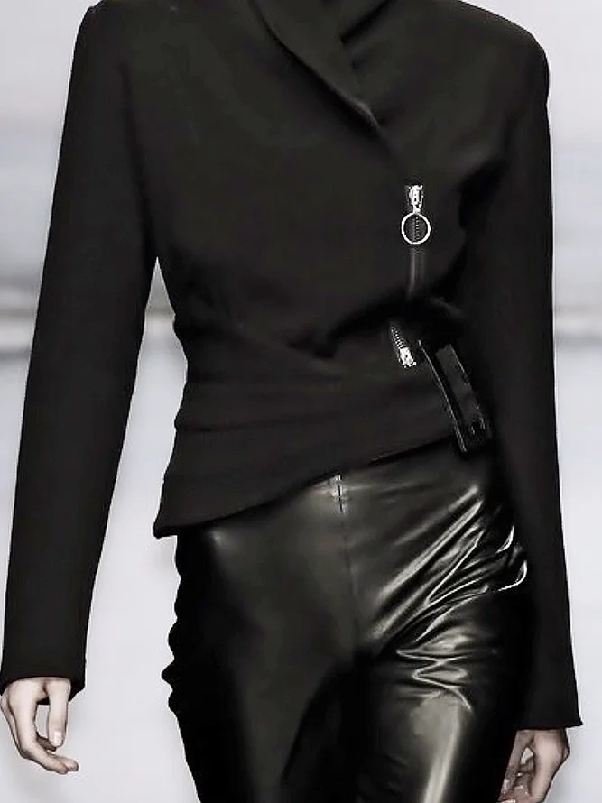 Woman‘s Asymmetric Black Jackets 2026 Spring Autumn Long Sleeves Side Zipper Urban Highstreet Outerwear Woman Coat