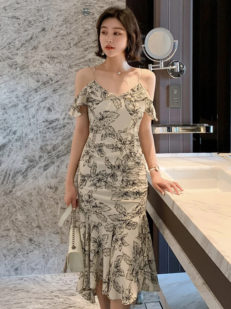 Holiday Vacation Dress Women Sweet Casual Sexy Ruffles Strap Off Shoulder Folds Slit Fishtail Robe Seaside Party Club Vestidos