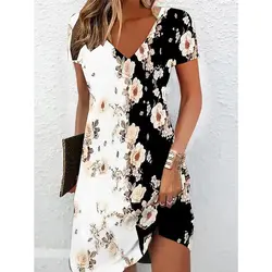 Summer Short Sleeved V-neck Casual Women Dress Retro Floral Print Mini Dress Big Size 6XL Elegant Lady Knee-length Dress