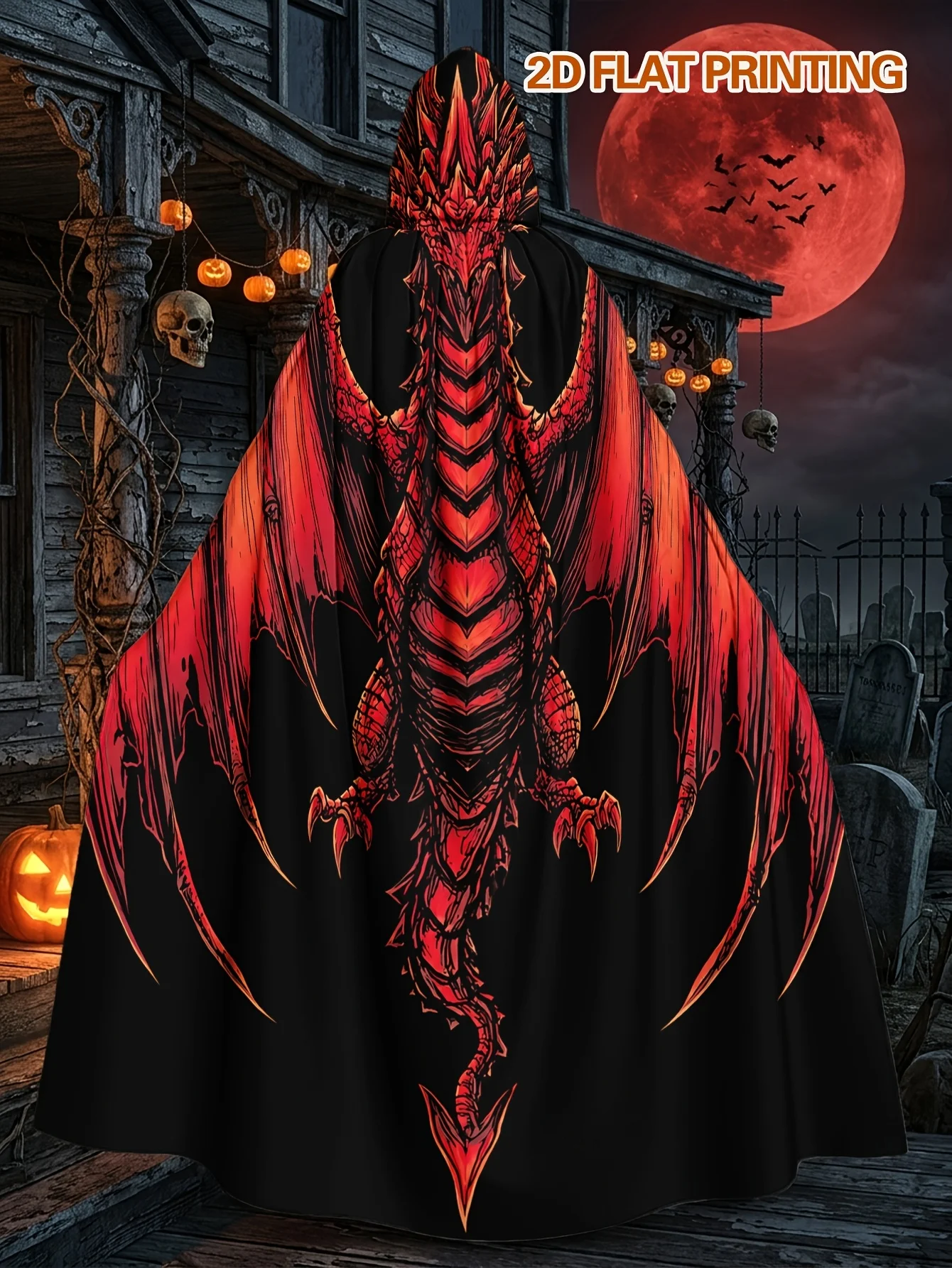 Customization 1pc Full Length Polyester Hooded Cloak With Red Dragon With Outstretched Wings Print, Adult Costume Robe For Hallo