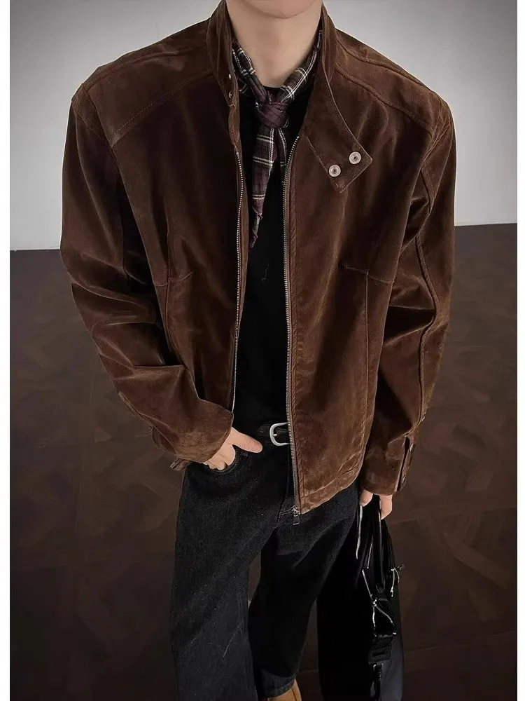 

Кожаный бархатный ор-джак, повседневный мужской воротник-стойка, весенне-осенний новый модный универсальный топ для американского отдыха