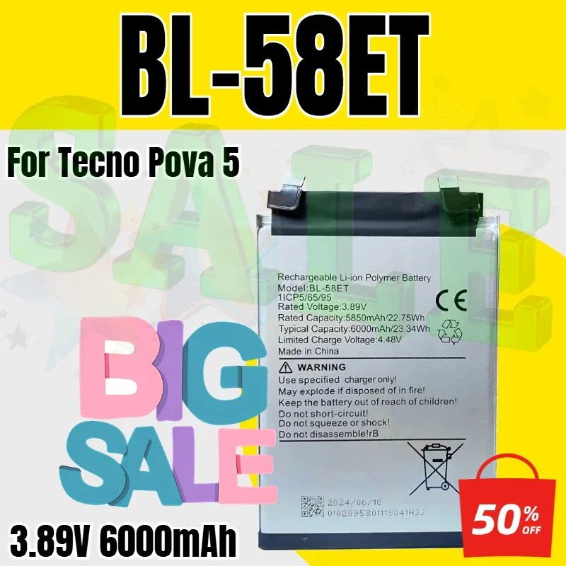BL-58ET Battery for Tecno Pova 5, LH7n Smart Mobile Phone Battery 3.89V 6000mAh Mobile Phone Batteries