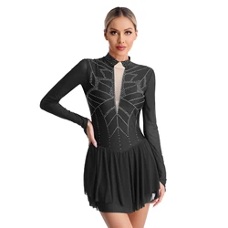 Womens Gymnastics Artistic Figure Skating Dress Ballet Lyrical Dance Costume Shiny Rhinestones Sheer Mesh Long Sleeve Dress