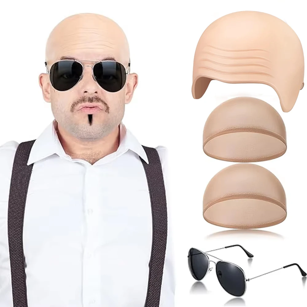 4 Pcs Bald Caps Set Makeup Bald Head Wig Caps Cosplay Costume Accessories for Men Women Party Supplies