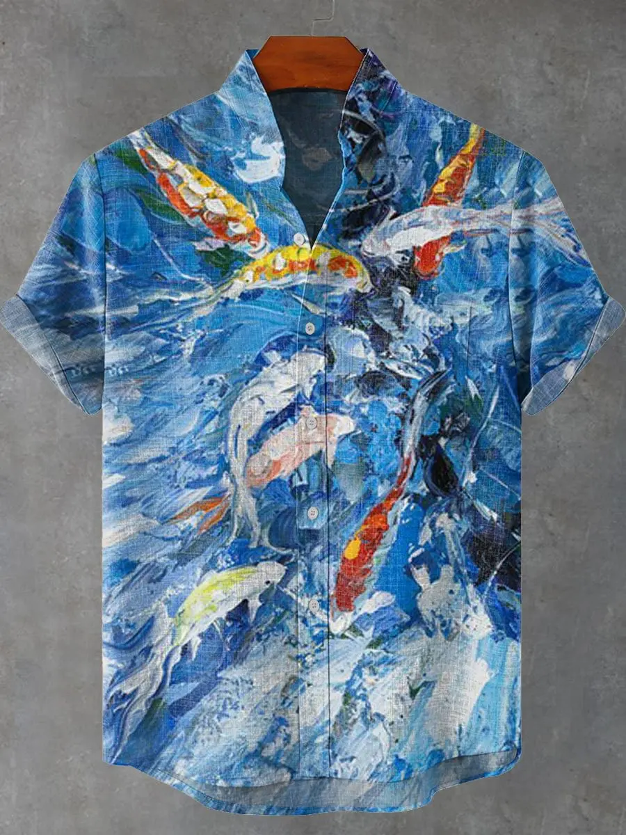 

Men's Short Sleeve Shirt Summer Style Floral Print Art Fish Pattern Vintage Linen Short Sleeve Casual Shirt