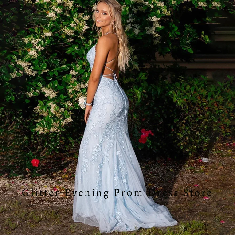 2024 Modern Sexy Mermaid appliques Prom Dresses For Women O-Neck Sweep Train Backless Tulle Custom Birthday Evening Party Grows