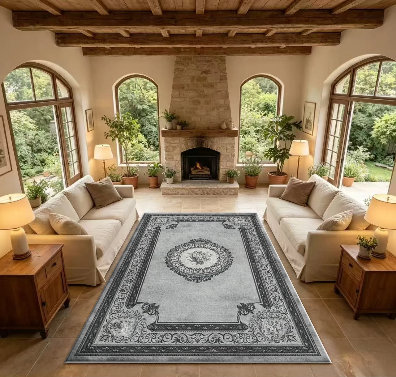 European Vintage Floral Medallion Area Rug Elegant Bordered Carpet for Living Room Bedroom Home Interior Decor