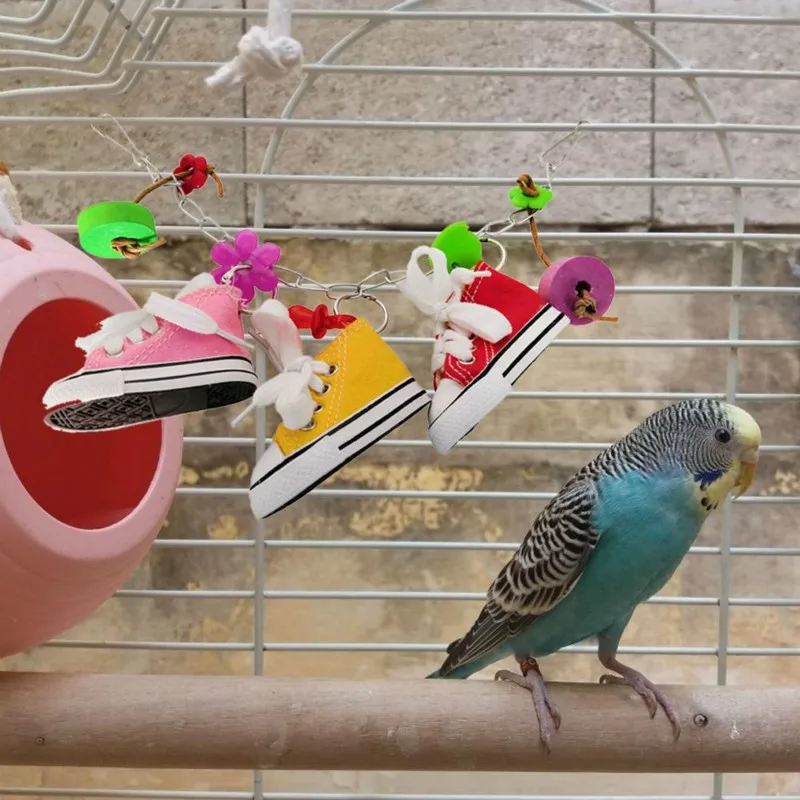 Parrot Mini Flower Pacifier Canvas Shoes Sneakers Bird Cage Decoration Durable Grinded Molar Bell String Wooden Toys 2pc/lot