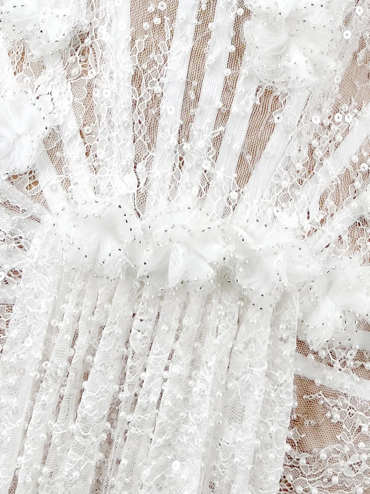 Pb luxo branco renda vestido de noiva sexy sem alças espartilho vestido de noite com trem transparente elegante floral casamento vestido longo